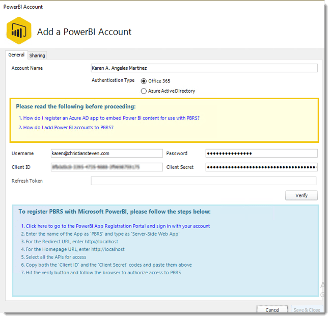 Power BI. Adding a Power BI Account in PBRS