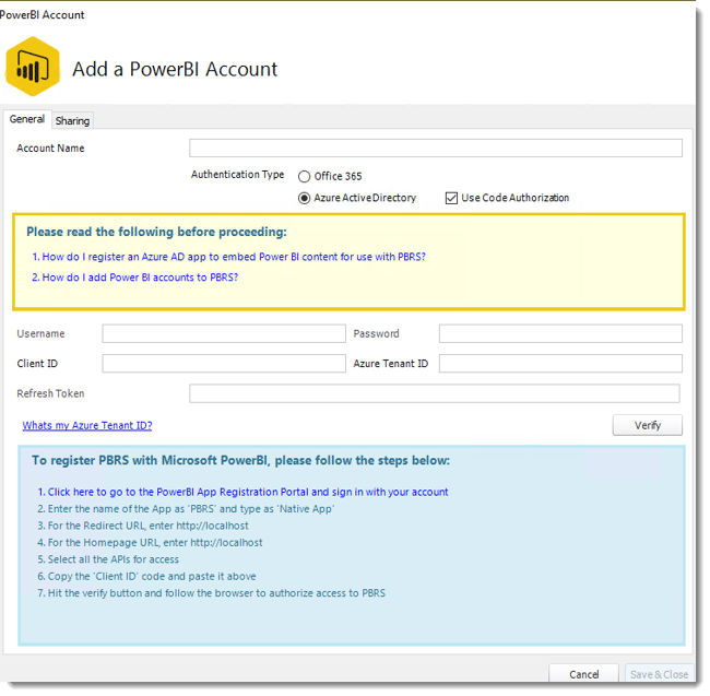 Power BI. Adding a Power BI Account in PBRS