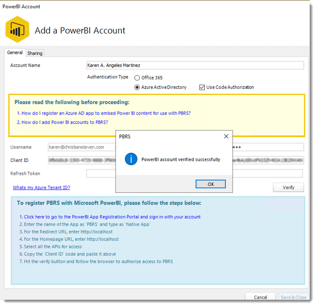 Power BI. Adding a Power BI Account in PBRS