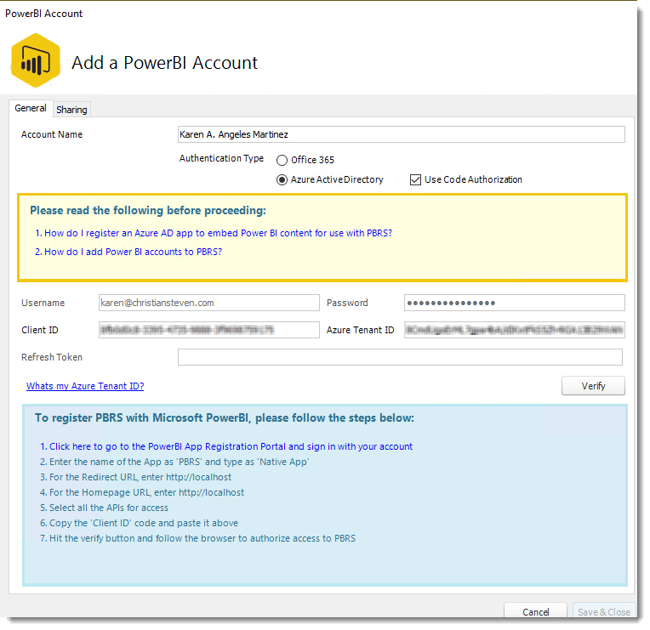 Power BI. Adding a Power BI Account in PBRS