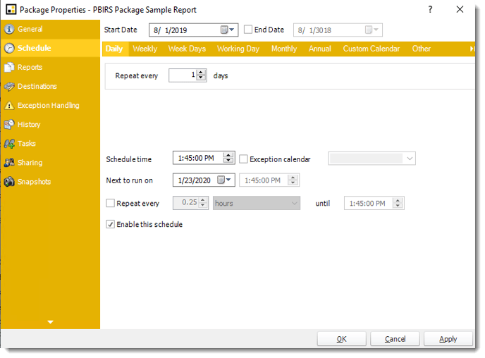 Power BI and SSRS. Package Schedule Report Properties for PBIRS in PBRS.