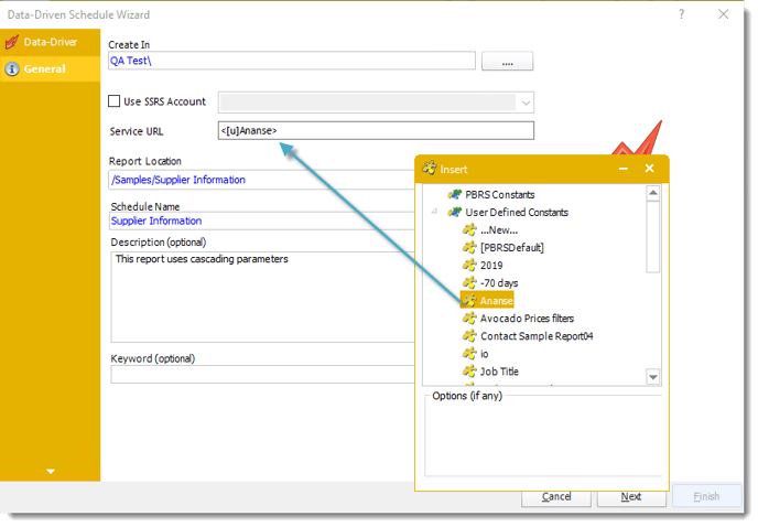 Power BI and SSRS. Using User Constant Data Inserts in Destination in PBRS.