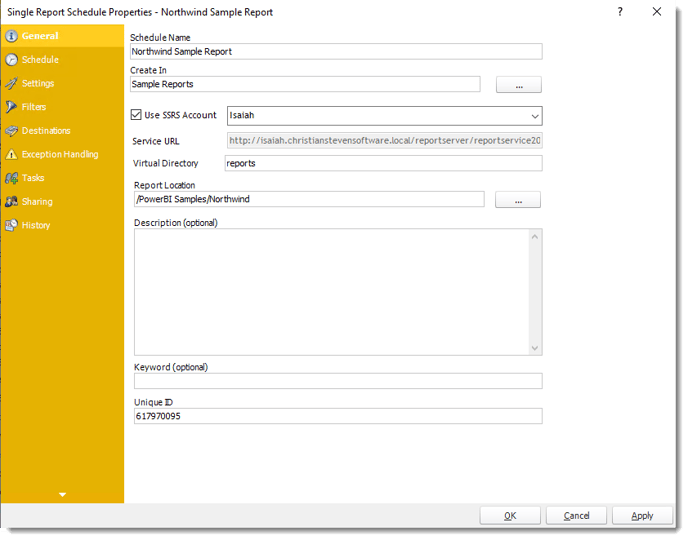 Power BI and SSRS Reports: Single Report Schedule Properties in PBRS.