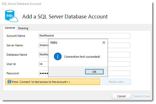 How do I add an SQL Server account in PBRS?