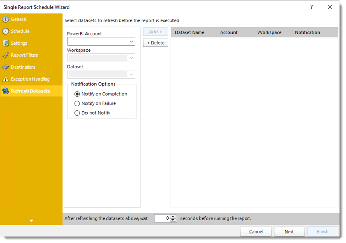 Power BI and SSRS. Refresh Datasets Wizard of Single Report Schedule in PBRS