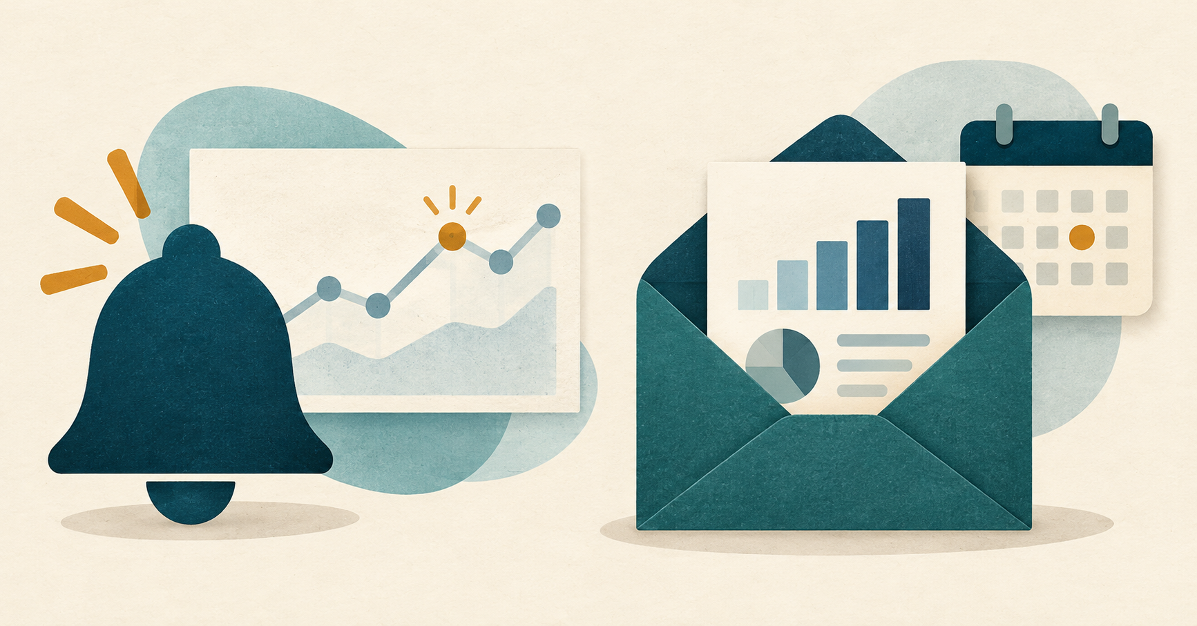 A notification bell beside a highlighted chart point contrasts with a report envelope and calendar in a teal paper-style illustration.
