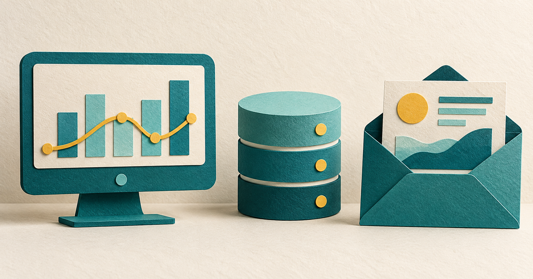 A teal monitor, separate database cylinder and report envelope illustrate distinct viewing, data and delivery tasks.