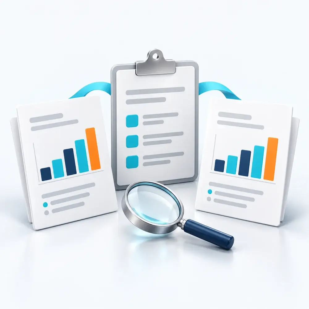 Two matching sample report pages beside a shared specification clipboard and magnifying glass.
