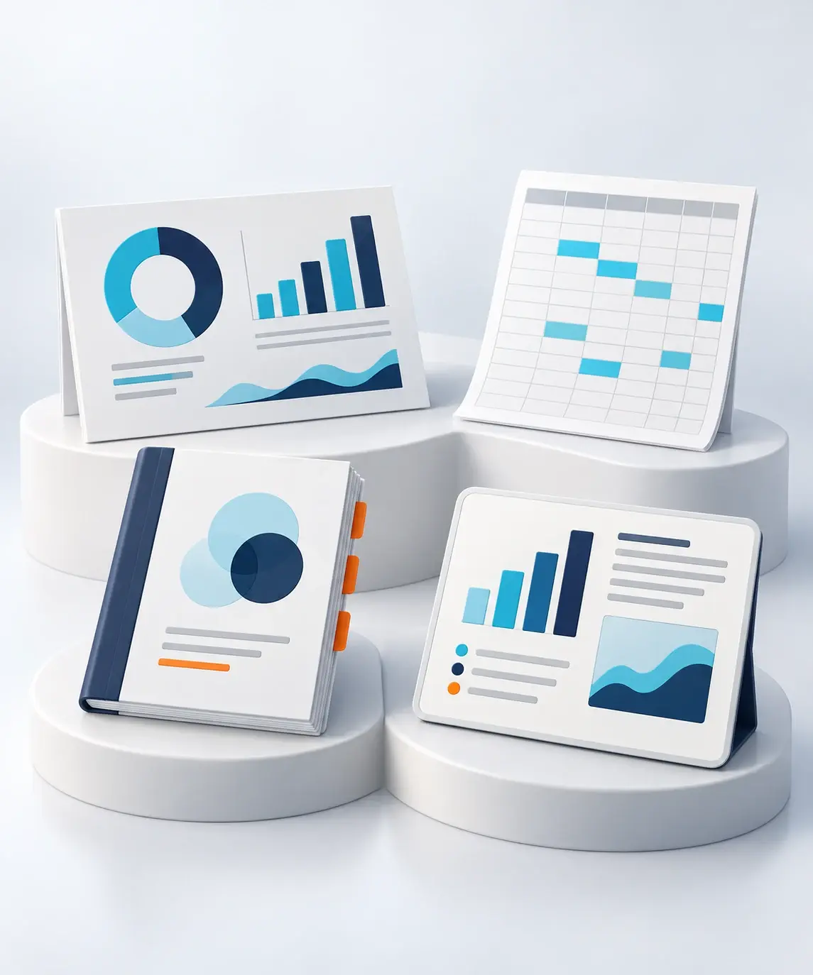 A visual report, spreadsheet, bound report and presentation display represent different reporting deliverables.