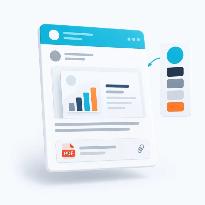A styled report email combines a company color palette, report snapshot and PDF attachment.