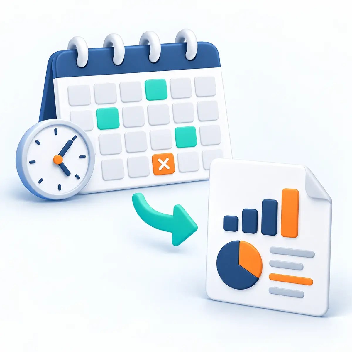 A calendar with selected run dates and an excluded closure date leads to a report.