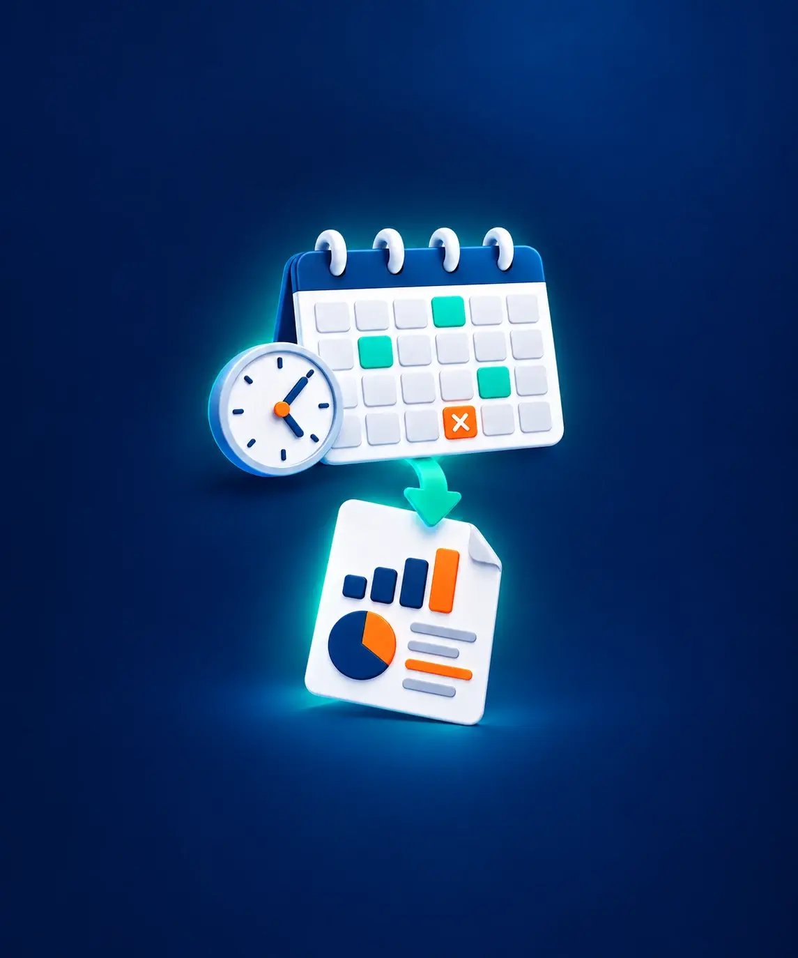 Selected calendar dates and a company closure determine when a report runs.