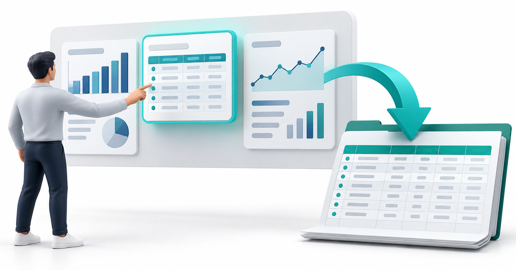 An analyst selects one dashboard table, and a downward arrow leads to an open spreadsheet workbook.