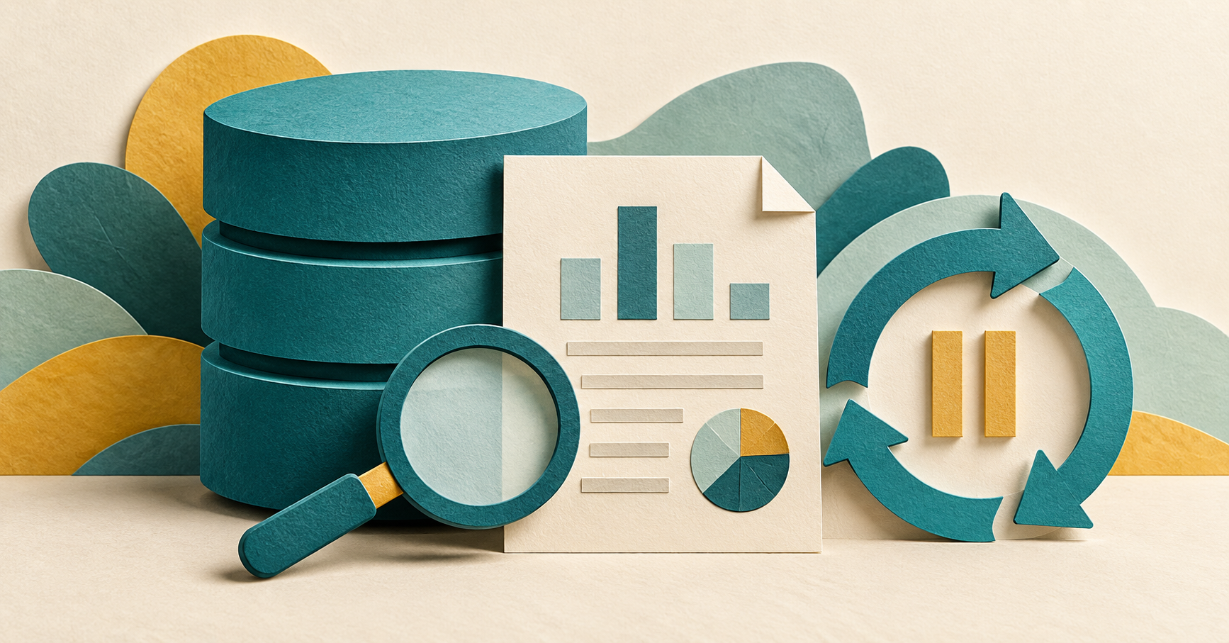 A magnifying glass beside a database, report and paused refresh arrows illustrates investigating an extract refresh problem.