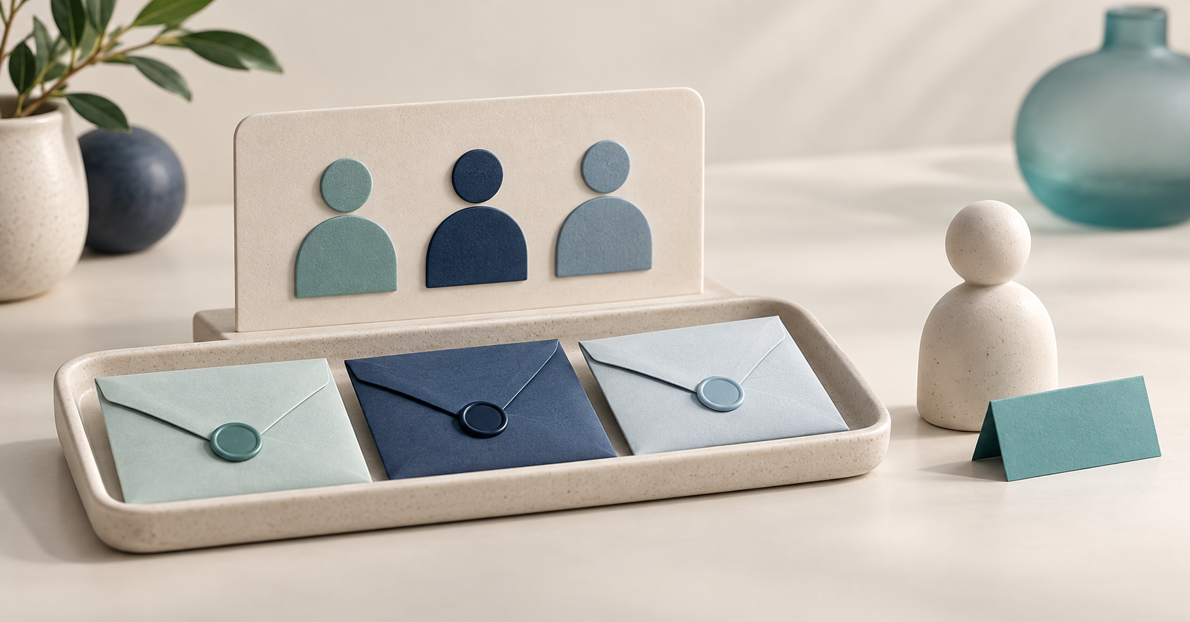 A roster with three people and three report envelopes sits beside a separate new recipient figure and blank name card.
