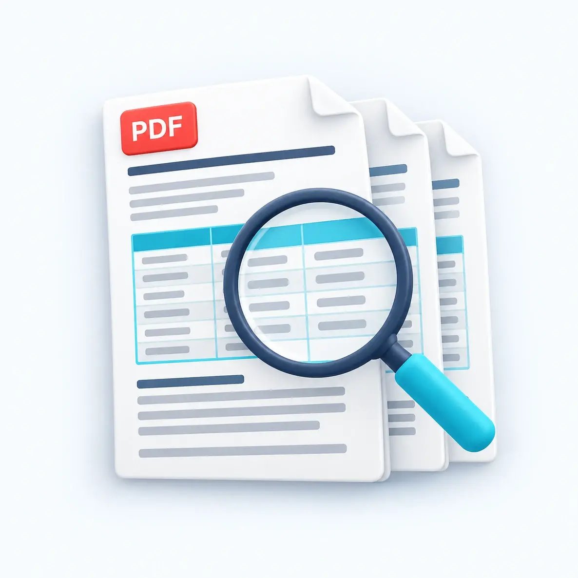 A multi-page PDF is checked for readable rows, labels and page breaks.
