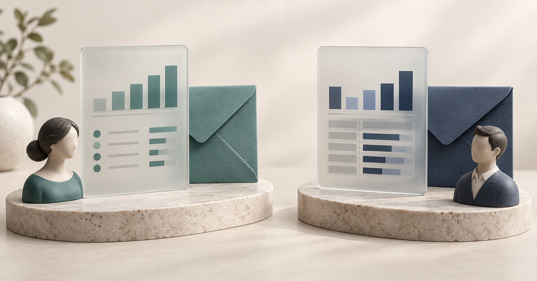Two separate report-and-envelope pairs with distinct teal and navy accents sit beside their corresponding recipient figures.