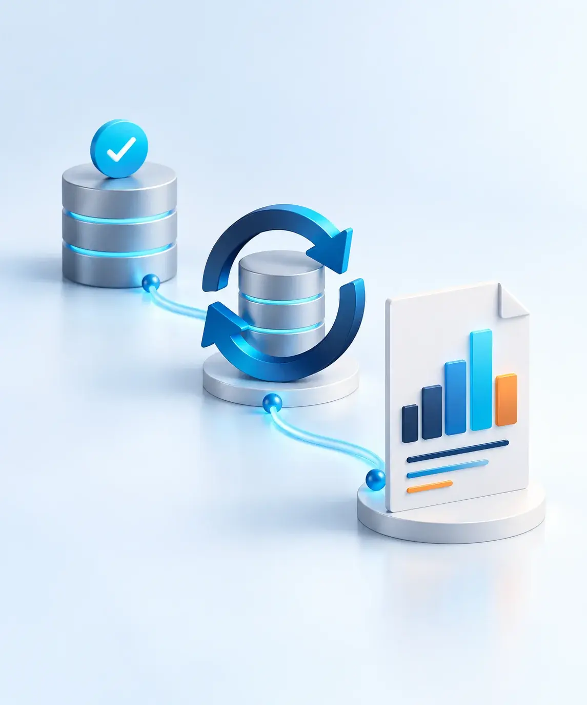 A completed data load, refresh arrows and a finished report illustrate an ordered reporting handoff.