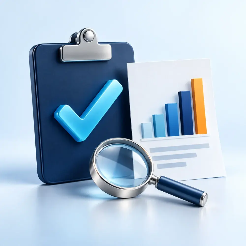 A checkmark clipboard, report page and magnifying glass illustrate reviewing a reporting job.
