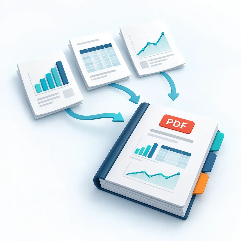 Three distinct report documents are brought together into one tabbed PDF reporting pack.