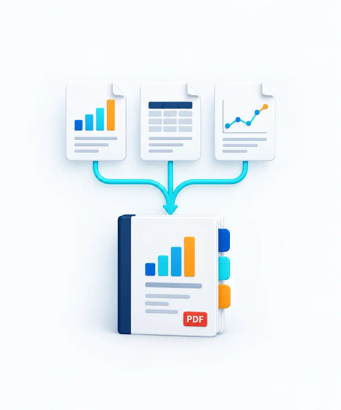 Three separate report pages combine into one PDF reporting pack with section tabs.