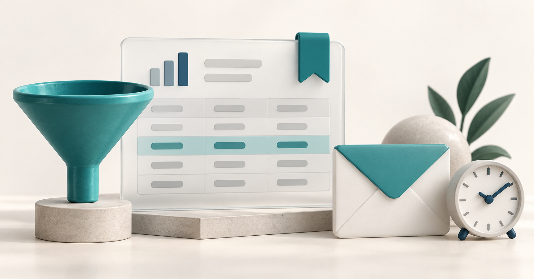 A teal funnel, bookmarked report card, envelope and clock illustrate saving a filtered view for recurring email.