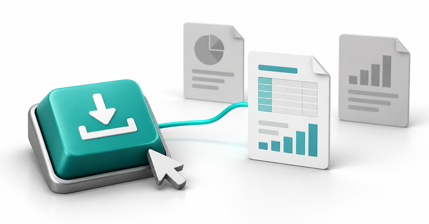 A raised teal download key and cursor connect to one report card, with two other reports separate in the background.