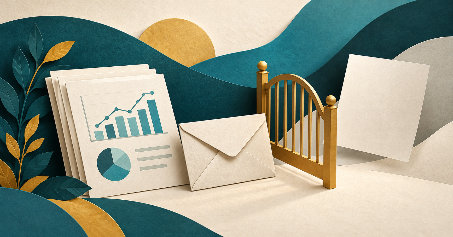 A paper report and envelope sit beside a small golden gate that holds back an empty sheet in a teal and ivory illustration.