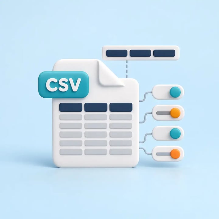 CSV document with a separate header row and abstract controls representing export-format choices.