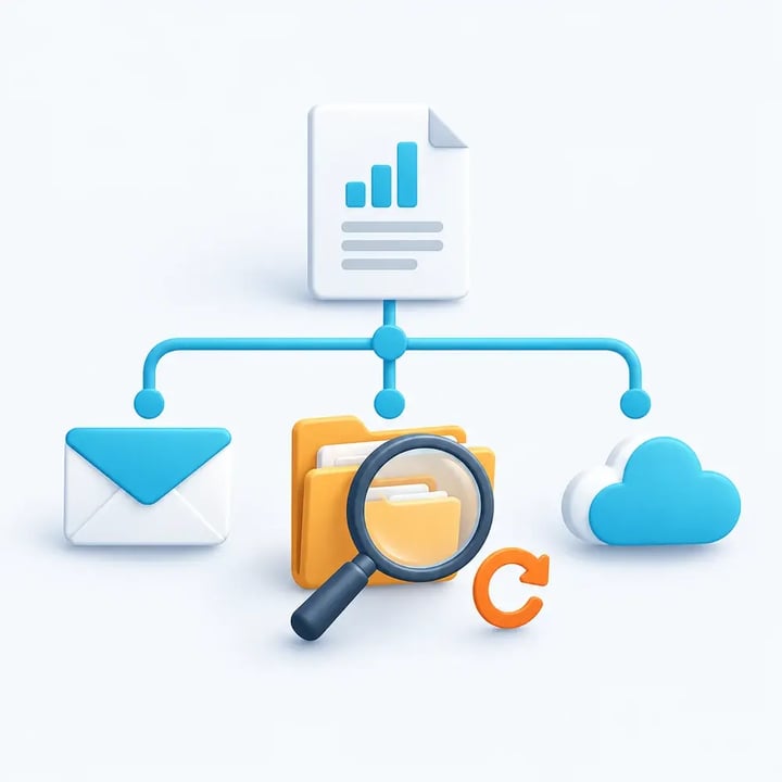 A magnifying glass highlights one report-delivery destination, with a retry symbol beside it.