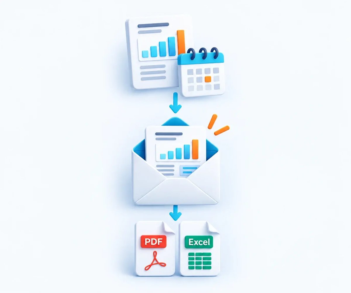 A recurring report email contains a static report snapshot with separate PDF and Excel attachments.
