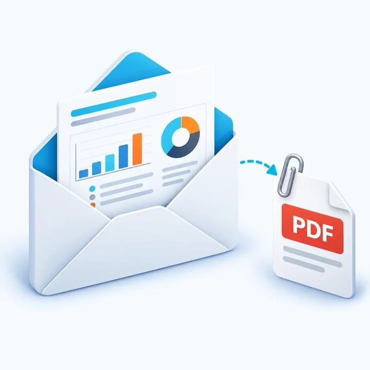 A report snapshot appears in an email, with a separate PDF attachment for the recipient.