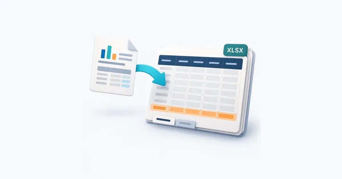 An illustrated report transfers tabular data into an XLSX workbook with headers and a totals row.