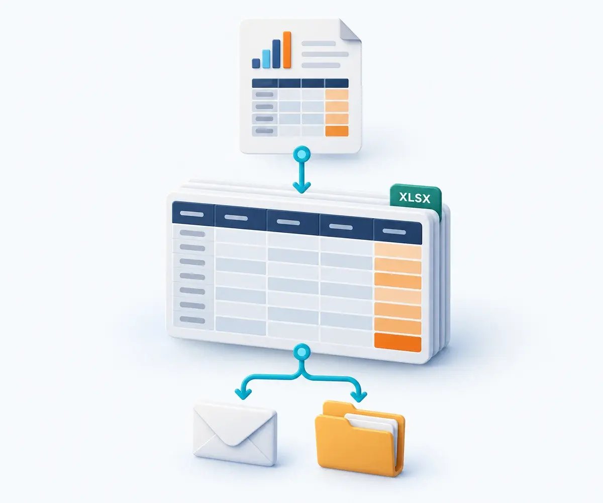 Tableau report data becomes an Excel workbook for email or folder delivery.
