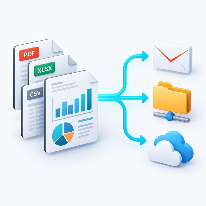 Exported PDF, Excel, CSV and report snapshots delivered to email, a network folder or cloud storage.