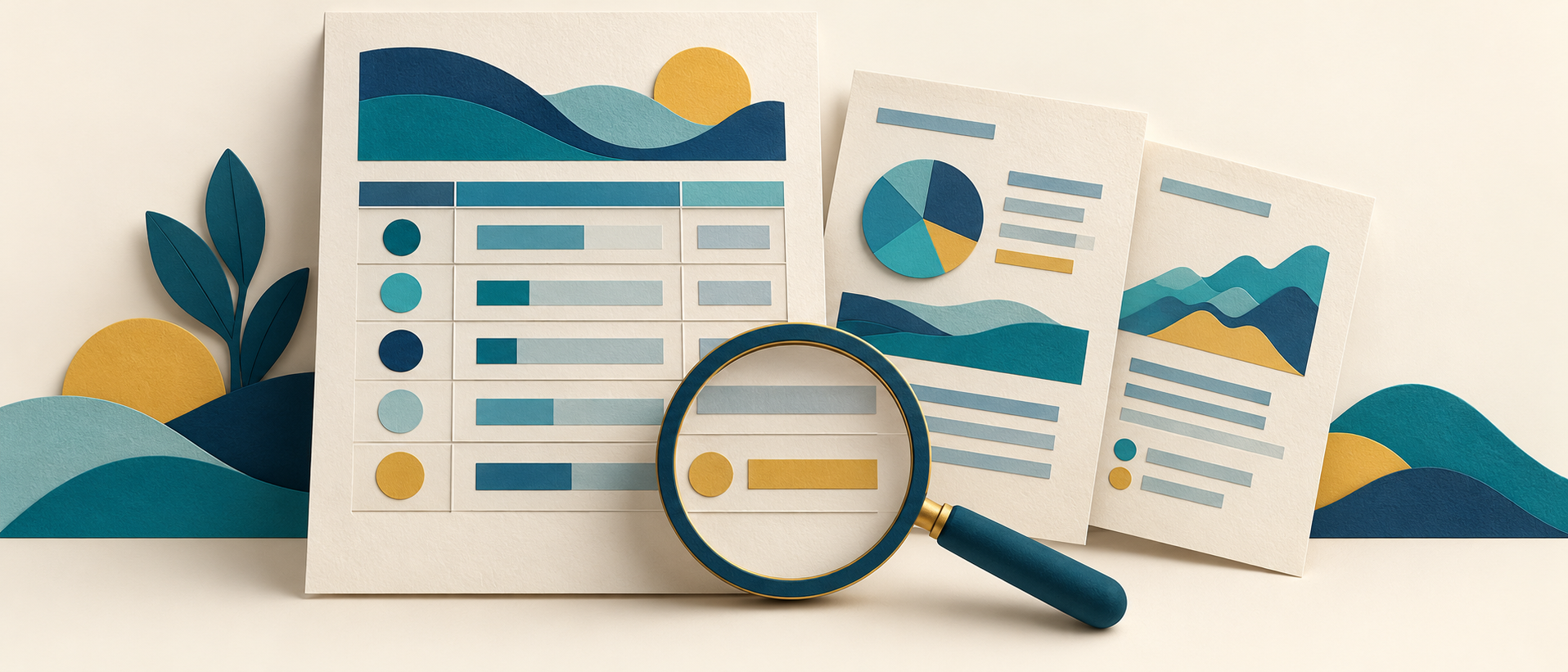 Several report pages and a magnifying glass over a table row illustrate checking exported content and readability.