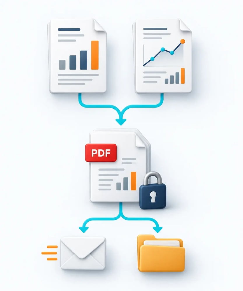 Selected report outputs merge into a protected PDF for email or folder delivery.
