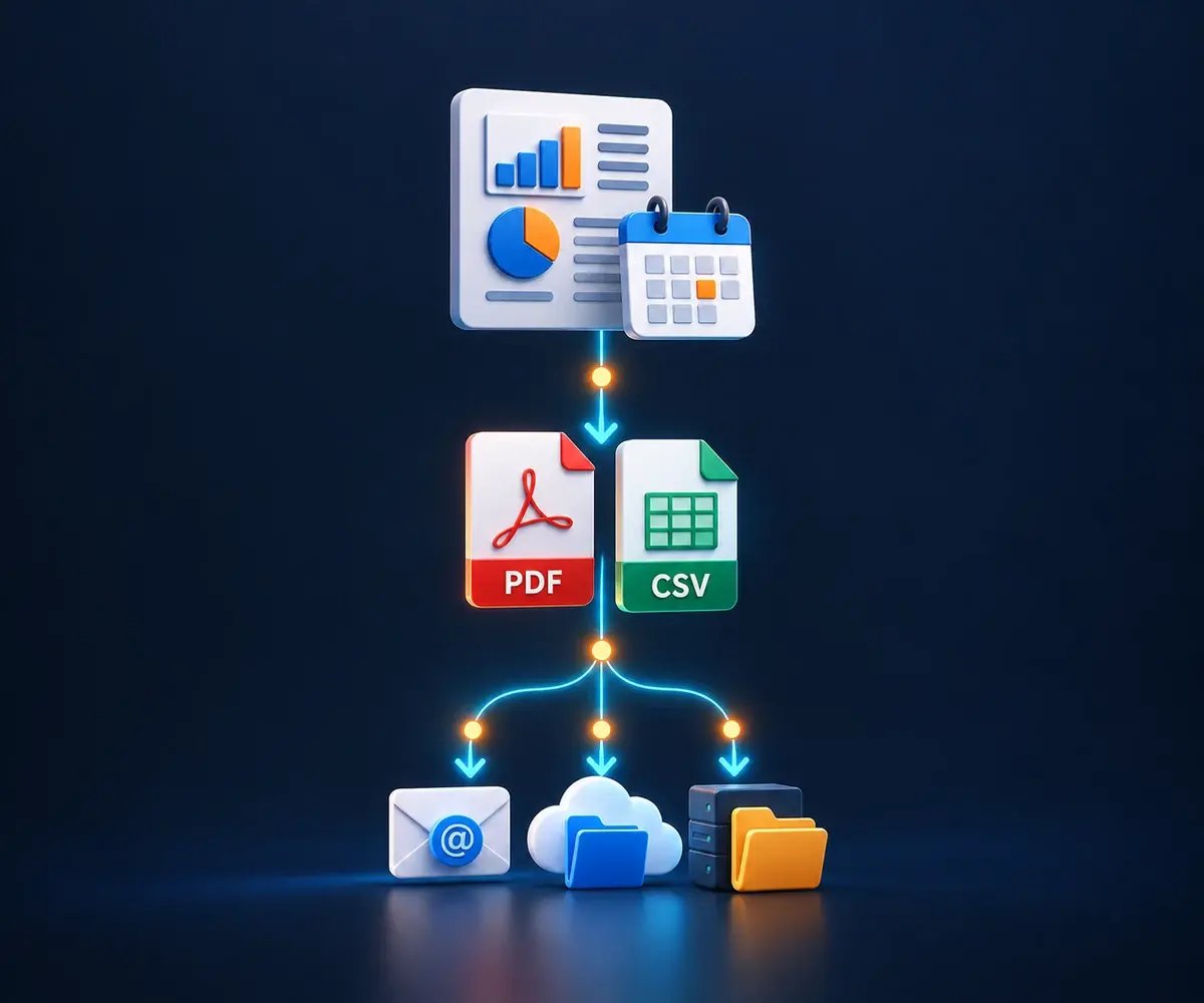 A scheduled Tableau report becomes PDF or CSV files routed to email, cloud storage or a folder.