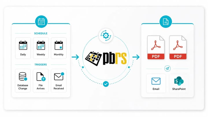 PBRS automatically runs Power BI PDF exports on schedules or business-event triggers and delivers the generated reports by email or SharePoint.