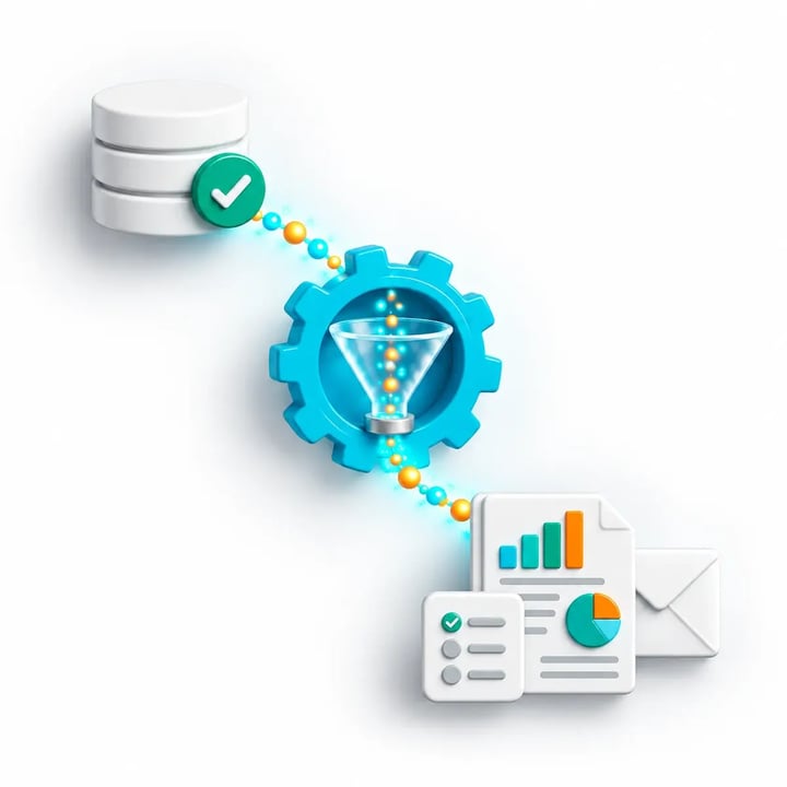 A business condition starts report production, delivery and a configured follow-up task.