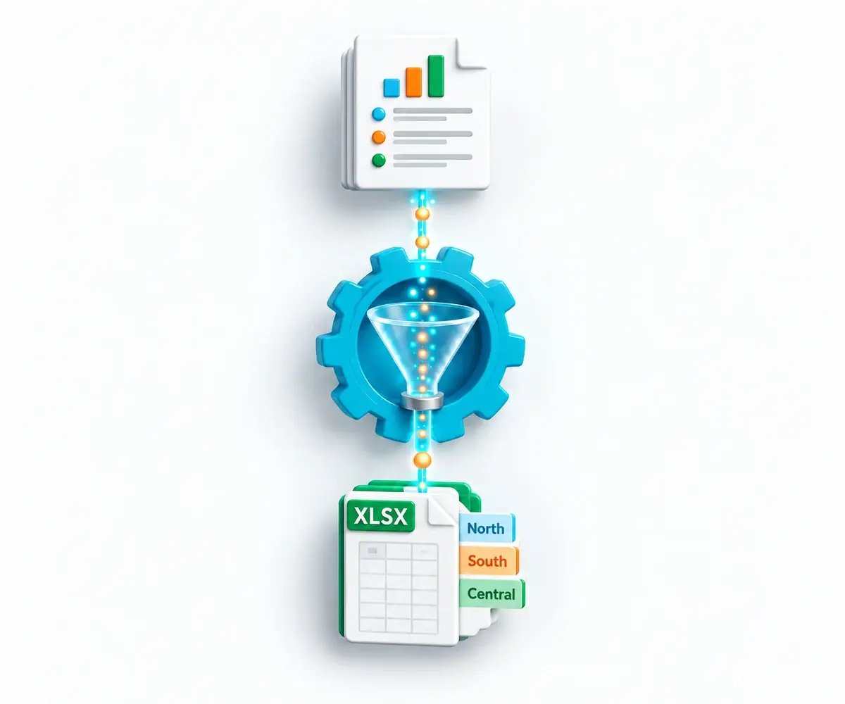 A grouped Crystal report becomes an Excel workbook with separate departmental worksheets through CRD.