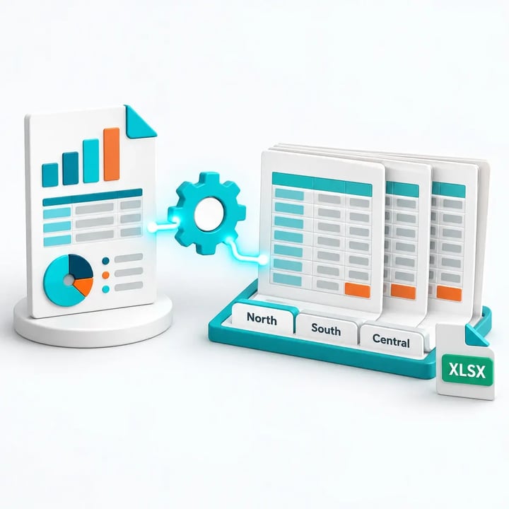 A finished Excel workbook contains separate North, South and Central worksheets with meaningful tab names.