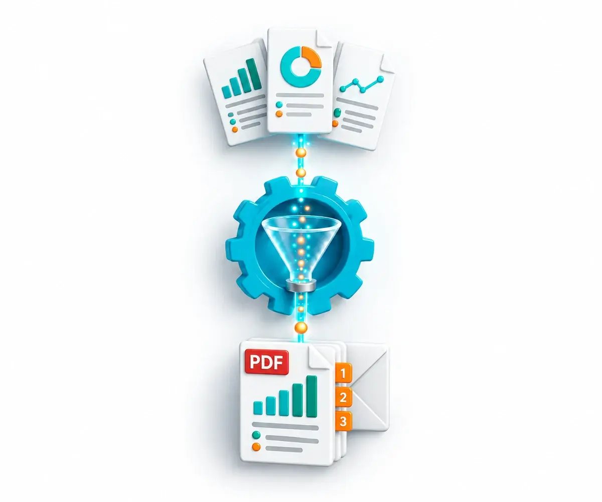 Several Crystal reports pass through CRD automation into one ordered PDF report pack.