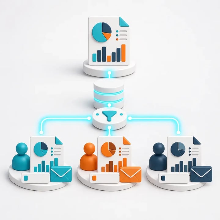 Database-driven instructions create different report versions, filenames and messages for three recipients.
