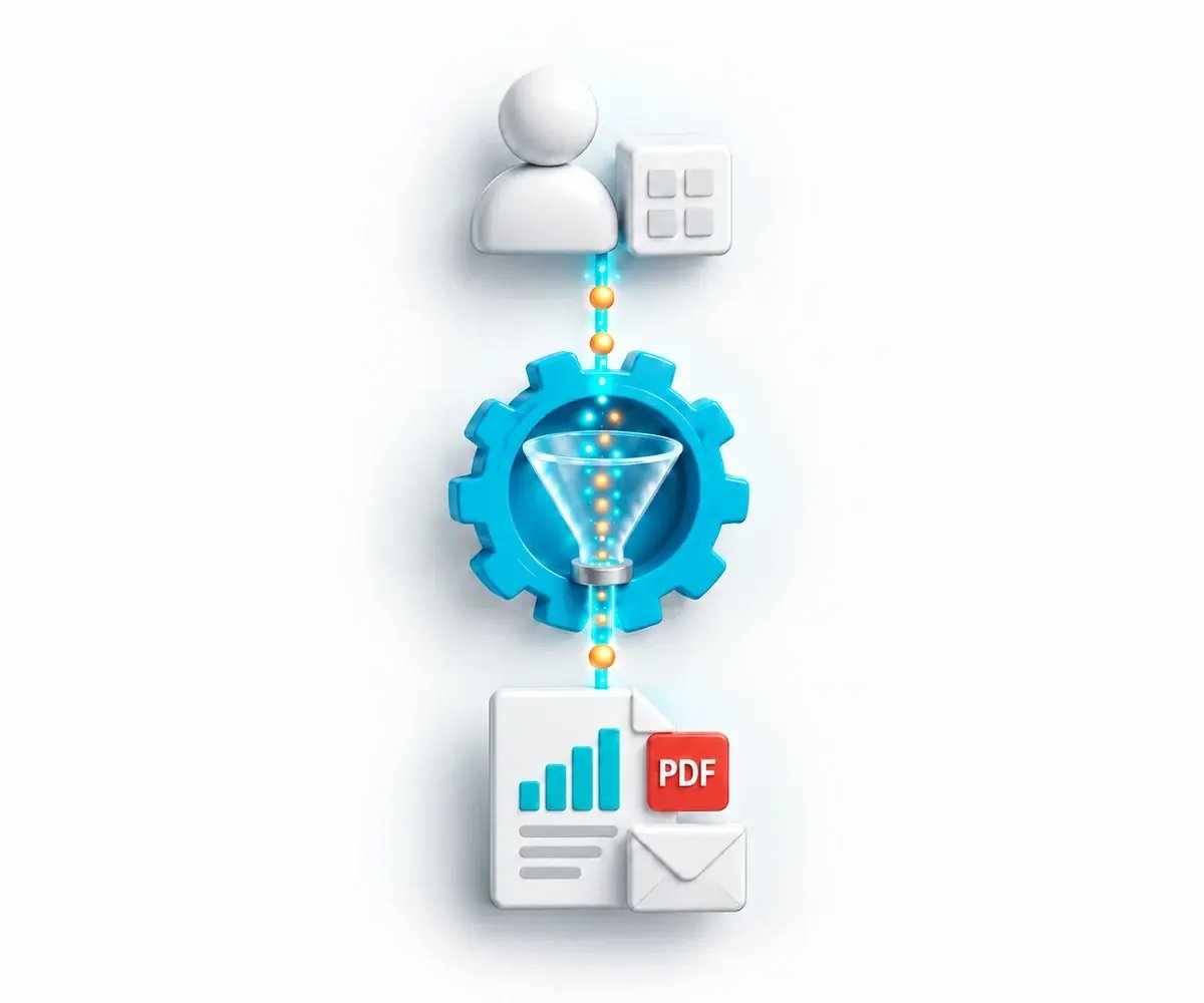 Customer portal request flows through CRD to a report and email