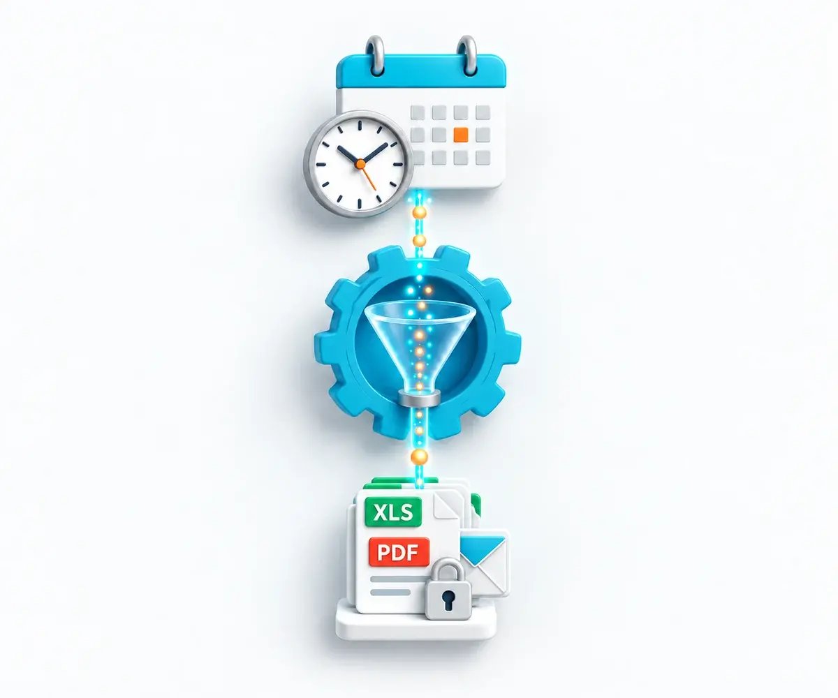 A calendar and automation hub prepare a protected package of Excel and PDF report files for delivery.