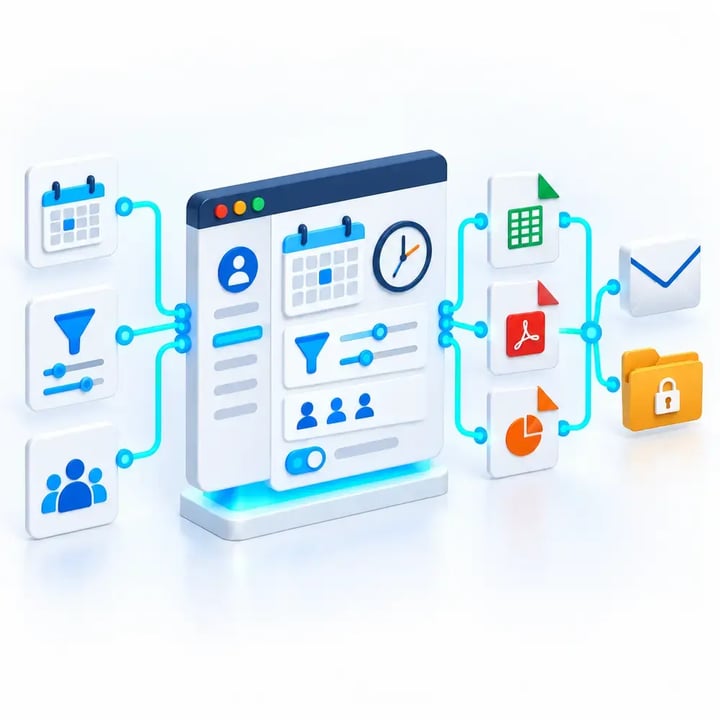 Customer portal controls for report schedules, filters, recipients, output formats and secure delivery destinations.