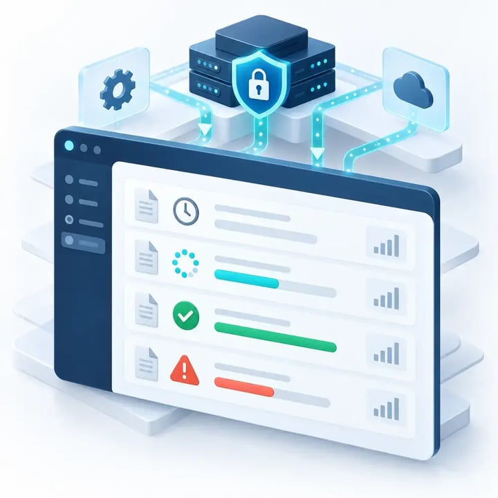 Customer portal displaying queued, running, completed and failed report executions returned by a secure automation service.