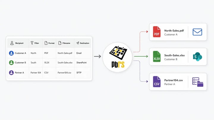 PBRS uses data-driven rules to apply recipient-specific filters, formats, filenames and destinations, then automatically delivers each Power BI report to the correct recipient.