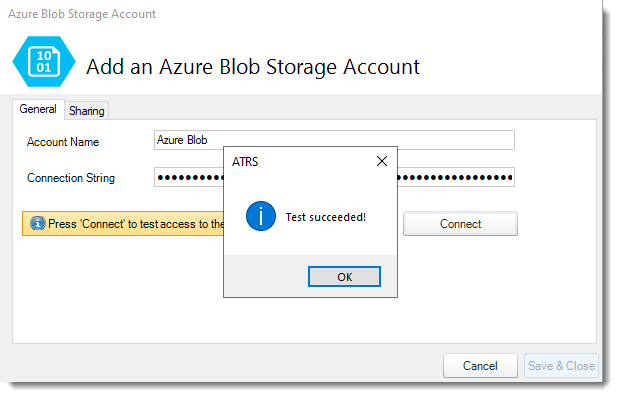 How do I add Azure Blob Storage account in ATRS?